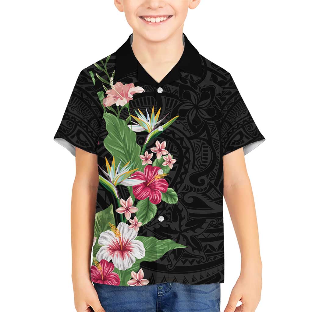 Hawaii Tropical Flowers Family Matching Short Sleeve Bodycon Dress and Hawaiian Shirt Polynesian Tattoo Black LT05 Son's Shirt Black - Polynesian Pride
