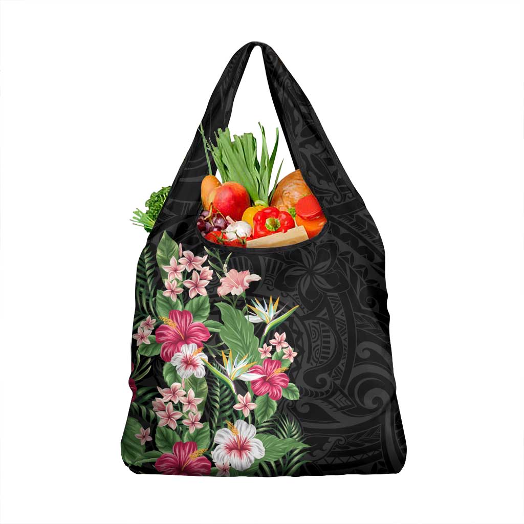 Hawaii Tropical Flowers Grocery Bag Polynesian Tattoo Black