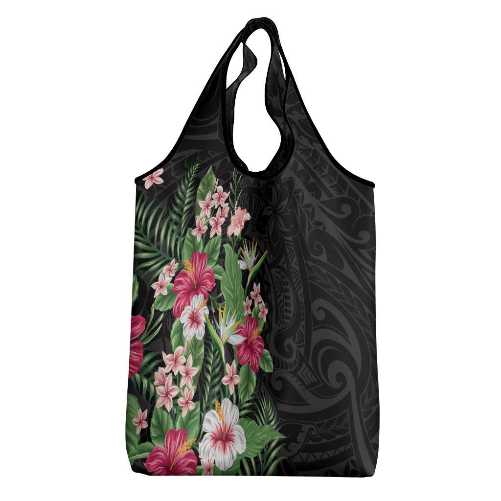 Hawaii Tropical Flowers Grocery Bag Polynesian Tattoo Black