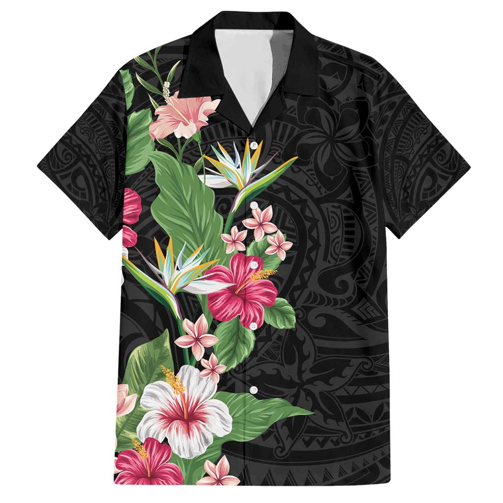 Hawaii Tropical Flowers Hawaiian Shirt Polynesian Tattoo Black