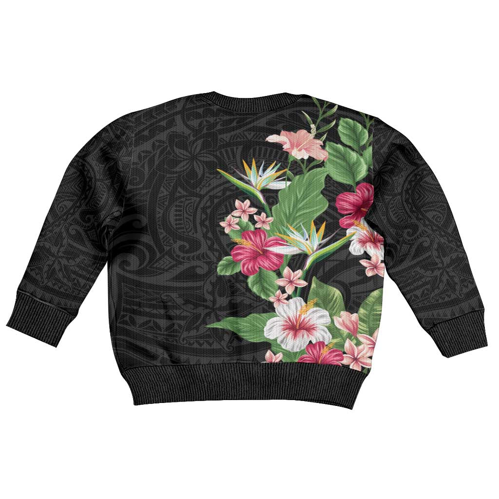 Hawaii Tropical Flowers Kid Ugly Christmas Sweater Polynesian Tattoo Black