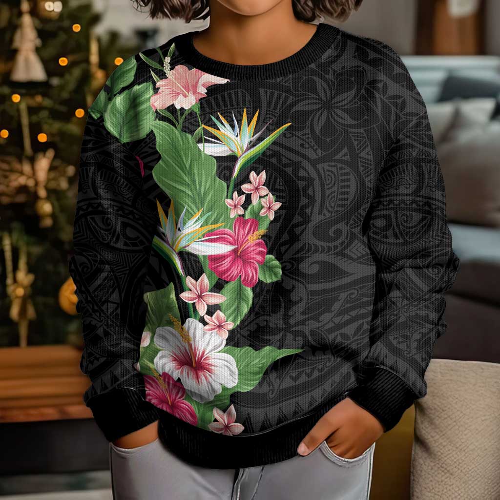 Hawaii Tropical Flowers Kid Ugly Christmas Sweater Polynesian Tattoo Black