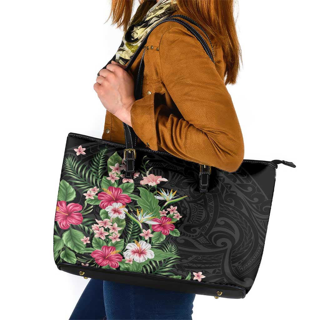 Hawaii Tropical Flowers Leather Tote Bag Polynesian Tattoo Black