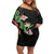 Hawaii Tropical Flowers Off Shoulder Short Dress Polynesian Tattoo Black