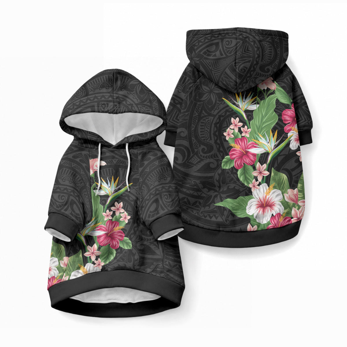 Hawaii Tropical Flowers Pet Hoodie Polynesian Tattoo Black