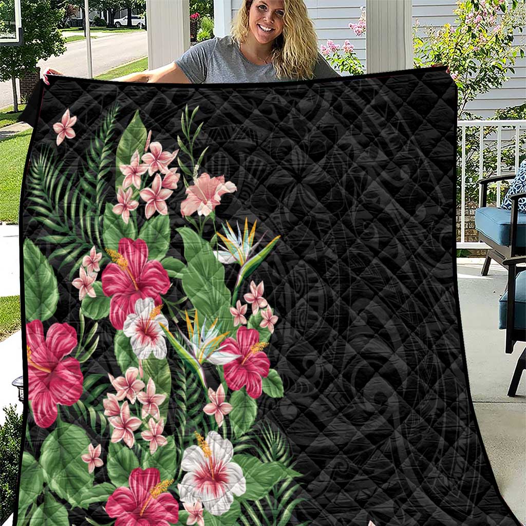 Hawaii Tropical Flowers Quilt Polynesian Tattoo Black