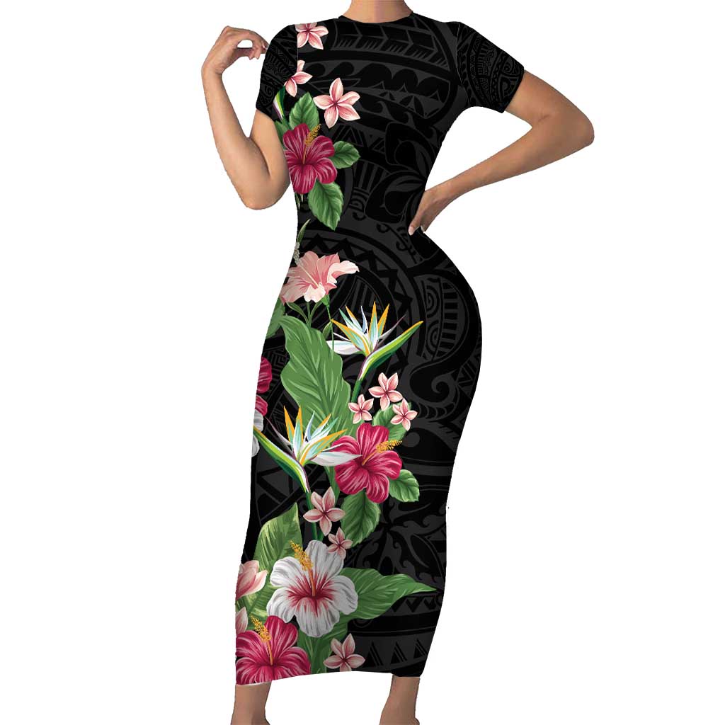 Hawaii Tropical Flowers Short Sleeve Bodycon Dress Polynesian Tattoo Black LT05 Long Dress Black - Polynesian Pride