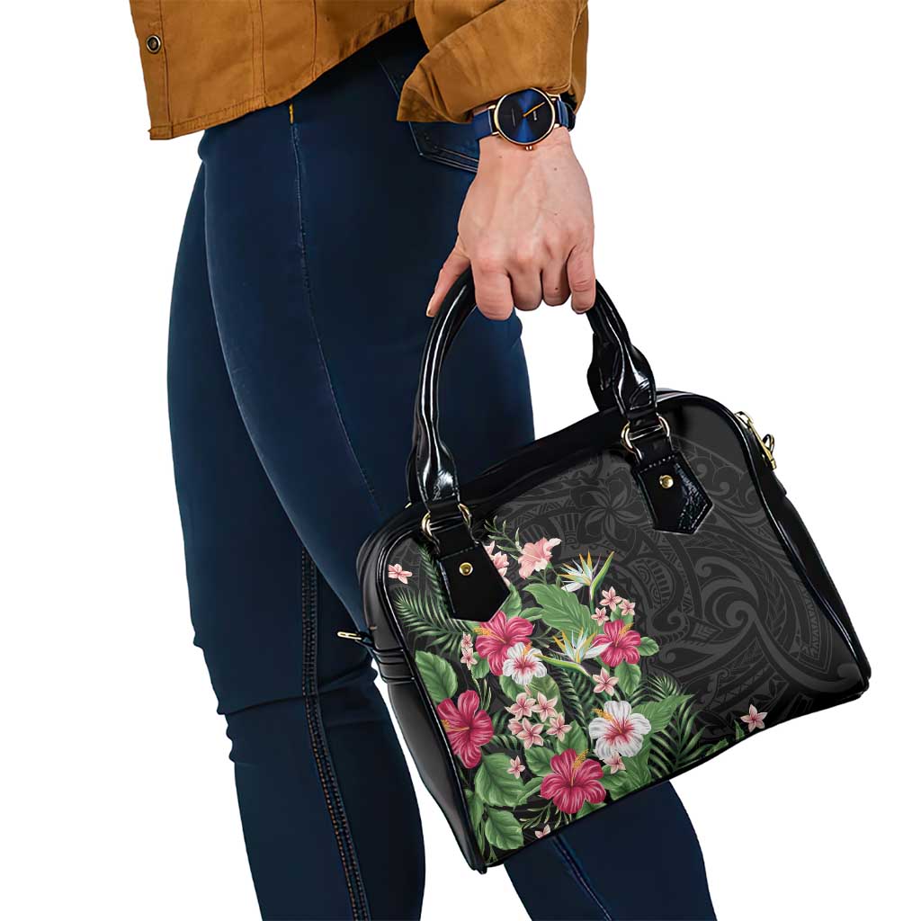Hawaii Tropical Flowers Shoulder Handbag Polynesian Tattoo Black