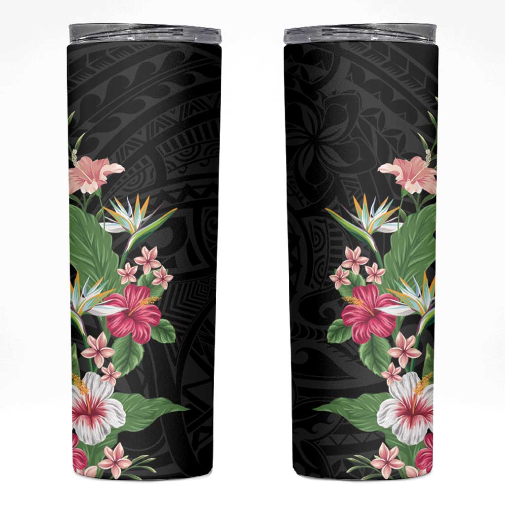 Hawaii Tropical Flowers Skinny Tumbler Polynesian Tattoo Black