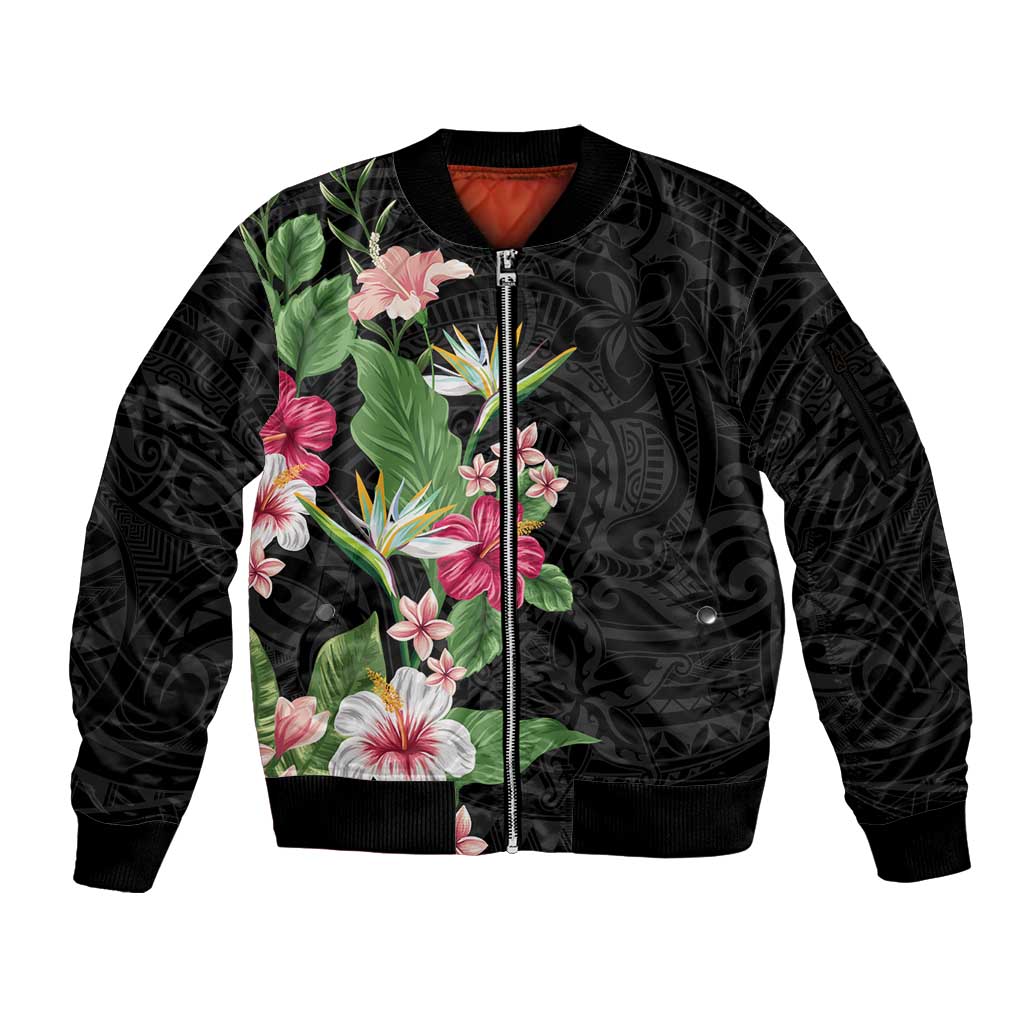 Hawaii Tropical Flowers Sleeve Zip Bomber Jacket Polynesian Tattoo Black