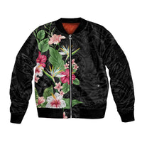 Hawaii Tropical Flowers Sleeve Zip Bomber Jacket Polynesian Tattoo Black LT05 Unisex Black - Polynesian Pride