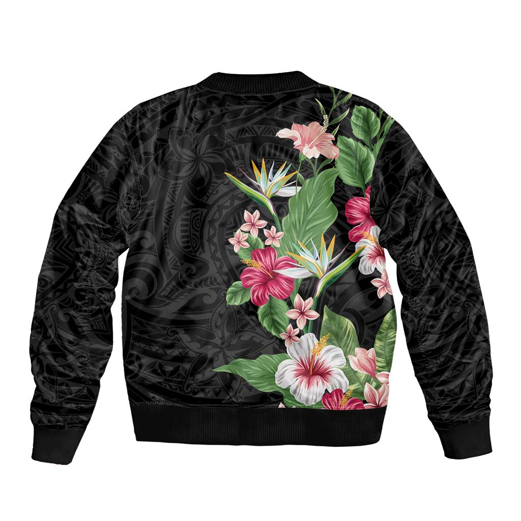 Hawaii Tropical Flowers Sleeve Zip Bomber Jacket Polynesian Tattoo Black LT05 - Polynesian Pride