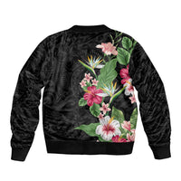 Hawaii Tropical Flowers Sleeve Zip Bomber Jacket Polynesian Tattoo Black LT05 - Polynesian Pride