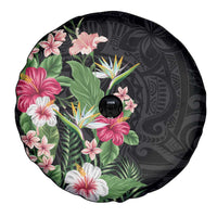 Hawaii Tropical Flowers Spare Tire Cover Polynesian Tattoo Black