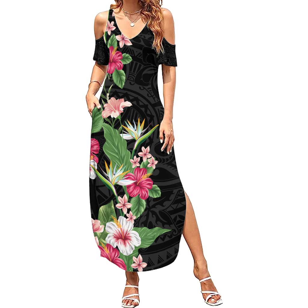 Hawaii Tropical Flowers Summer Maxi Dress Polynesian Tattoo Black