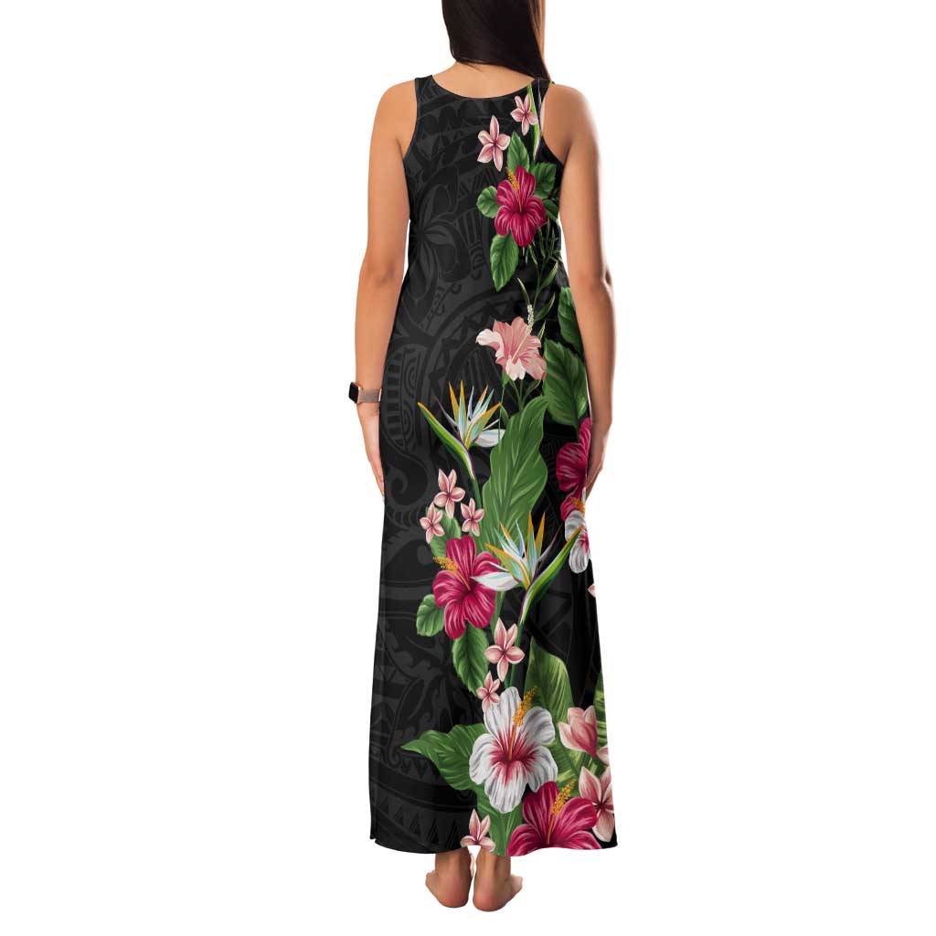 Hawaii Tropical Flowers Tank Maxi Dress Polynesian Tattoo Black