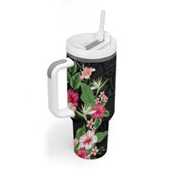 Hawaii Tropical Flowers Tumbler With Handle Polynesian Tattoo Black