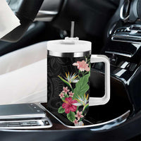 Hawaii Tropical Flowers Tumbler With Handle Polynesian Tattoo Black