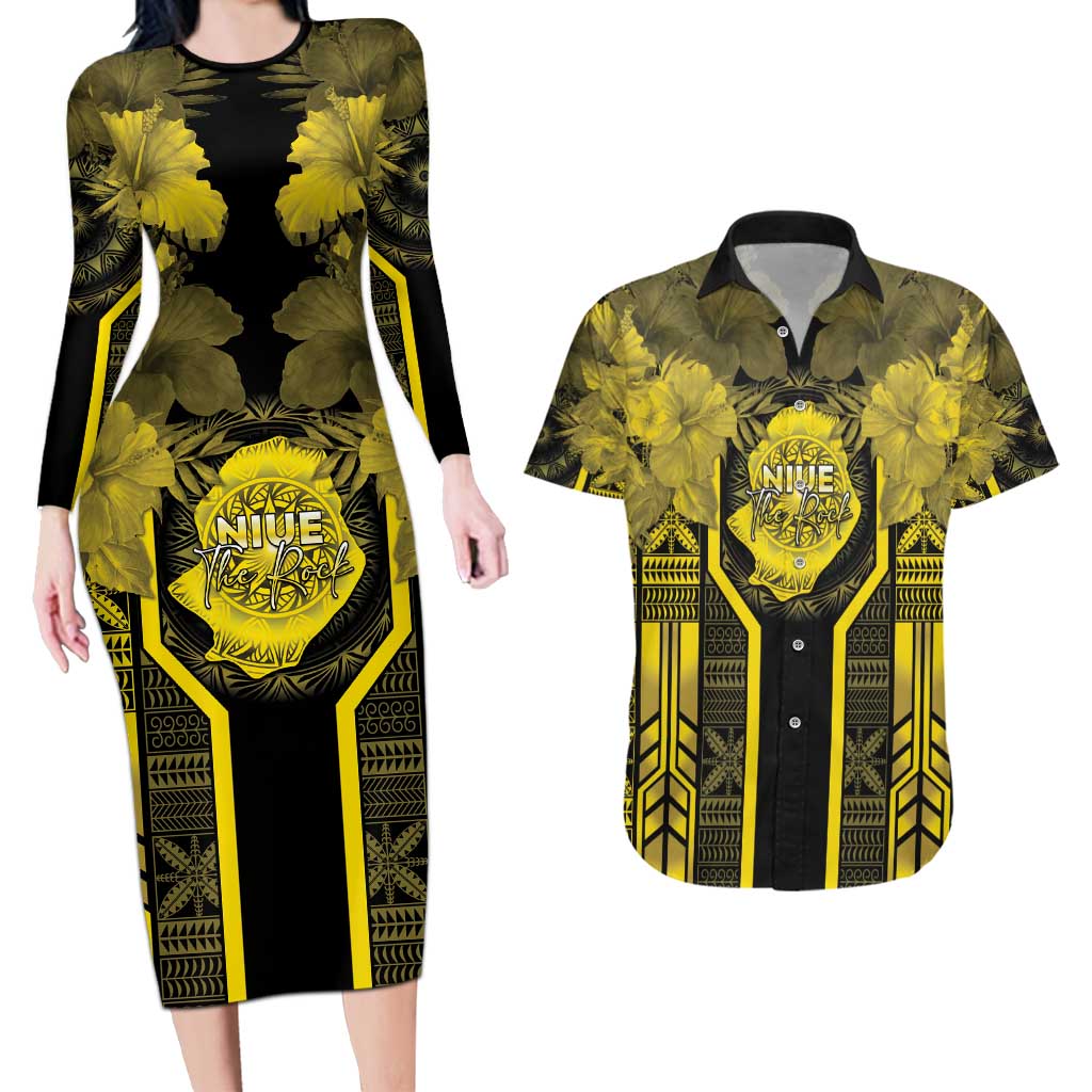 Niue The Rock Couples Matching Long Sleeve Bodycon Dress and Hawaiian Shirt The Island Of The Uga - Polynesian Pride