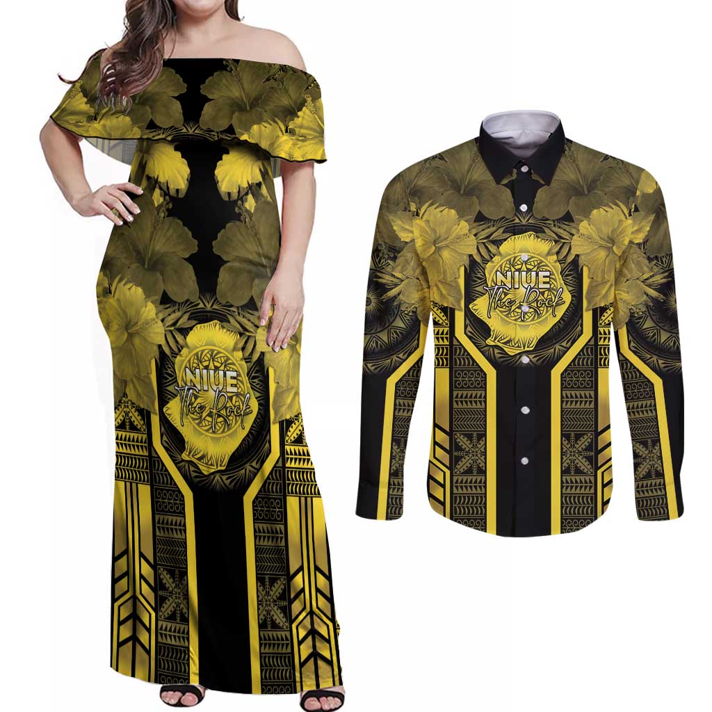 Niue The Rock Couples Matching Off Shoulder Maxi Dress and Long Sleeve Button Shirt The Island Of The Uga - Polynesian Pride