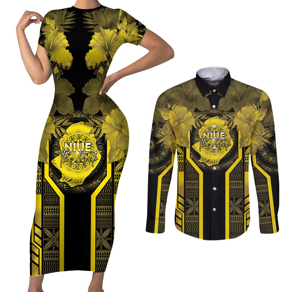 Niue The Rock Couples Matching Short Sleeve Bodycon Dress and Long Sleeve Button Shirt The Island Of The Uga - Polynesian Pride