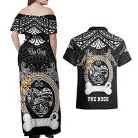 personalized-shiba-inu-dog-couples-matching-off-shoulder-maxi-dress-and-hawaiian-shirt-with-polynesian-heart-name-tags