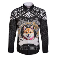 Personalized Shiba Inu Dog Family Matching Off Shoulder Long Sleeve Dress and Hawaiian Shirt With Polynesian Heart Name Tags LT05 Dad's Shirt - Long Sleeve Black - Polynesian Pride