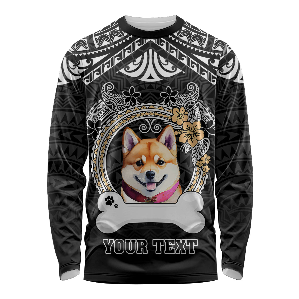 personalized-shiba-inu-dog-long-sleeve-shirt-with-polynesian-heart-name-tags