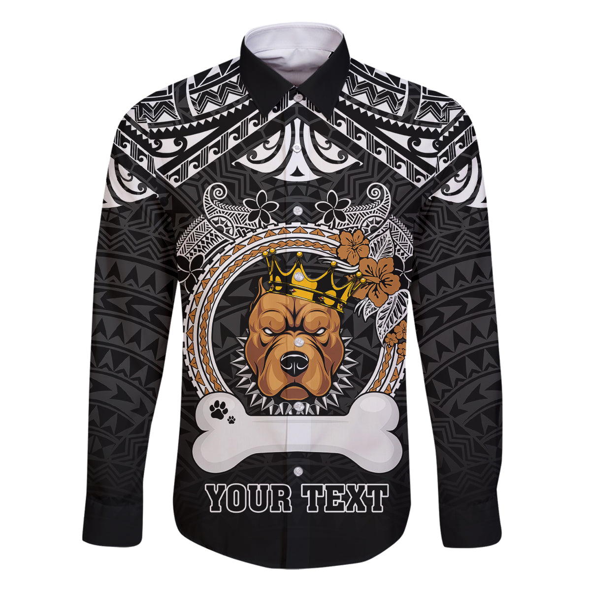 Personalized Pitbull Dog Family Matching Long Sleeve Bodycon Dress and Hawaiian Shirt With Polynesian Heart Name Tags LT05 Dad's Shirt - Long Sleeve Black - Polynesian Pride