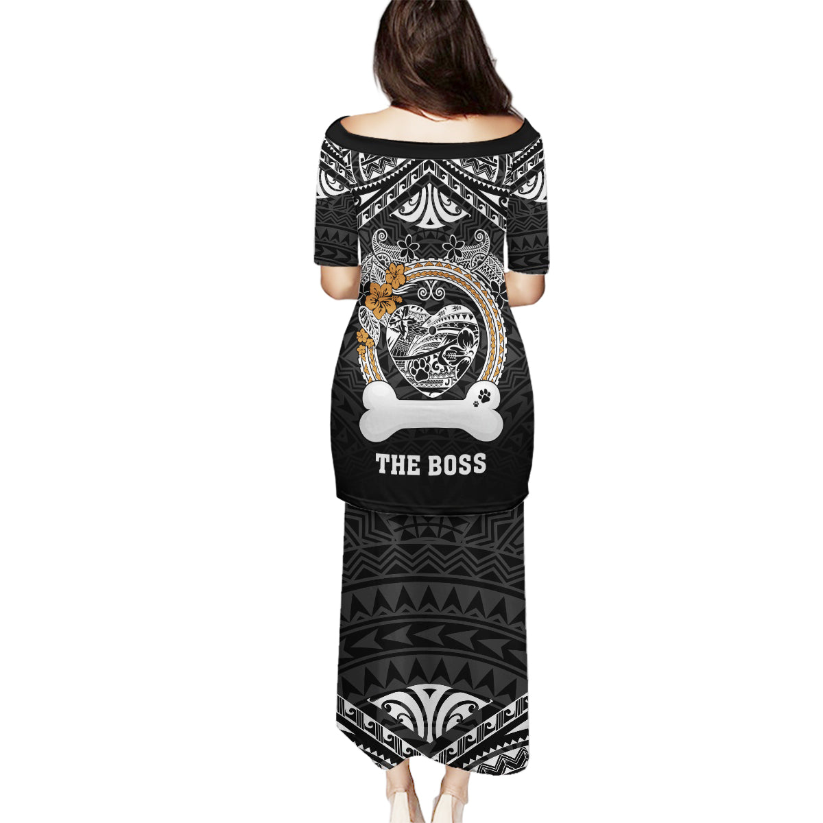 Personalized Pitbull Dog Family Matching Puletasi Dress and Hawaiian Shirt With Polynesian Heart Name Tags LT05 - Polynesian Pride