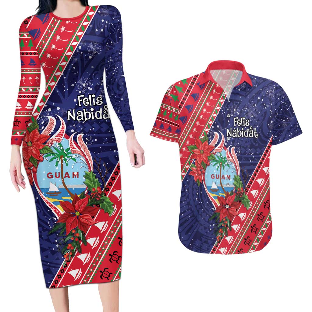 Guam Christmas Couples Matching Long Sleeve Bodycon Dress and Hawaiian Shirt Felis Nabidat Guaman Seal With Poinsettia