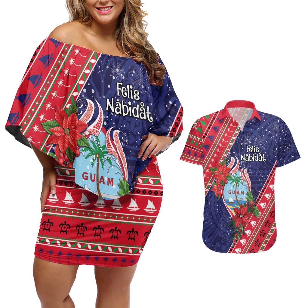 Guam Christmas Couples Matching Off Shoulder Short Dress and Hawaiian Shirt Felis Nabidat Guaman Seal With Poinsettia LT05 Blue - Polynesian Pride
