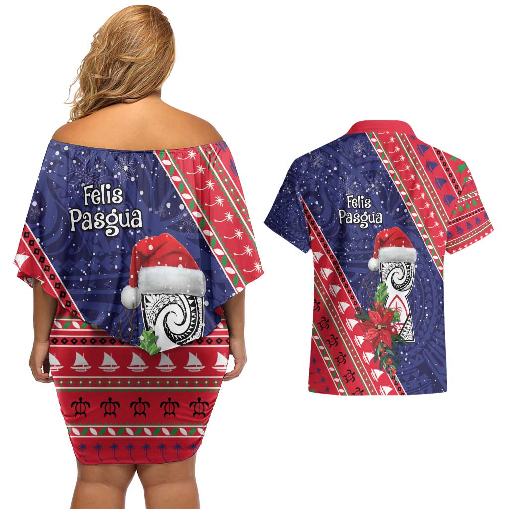Guam Christmas Couples Matching Off Shoulder Short Dress and Hawaiian Shirt Felis Nabidat Guaman Seal With Poinsettia LT05 - Polynesian Pride