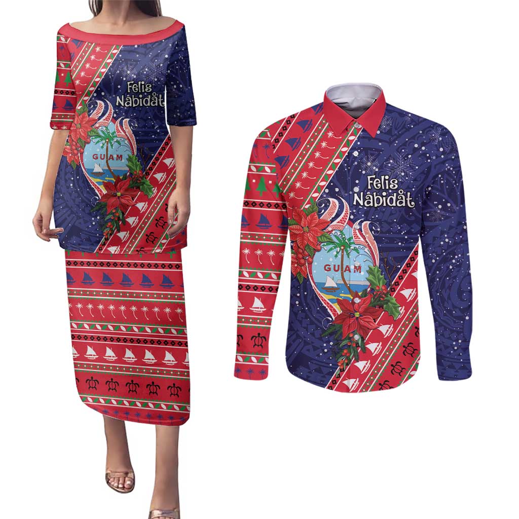 Guam Christmas Couples Matching Puletasi and Long Sleeve Button Shirt Felis Nabidat Guaman Seal With Poinsettia