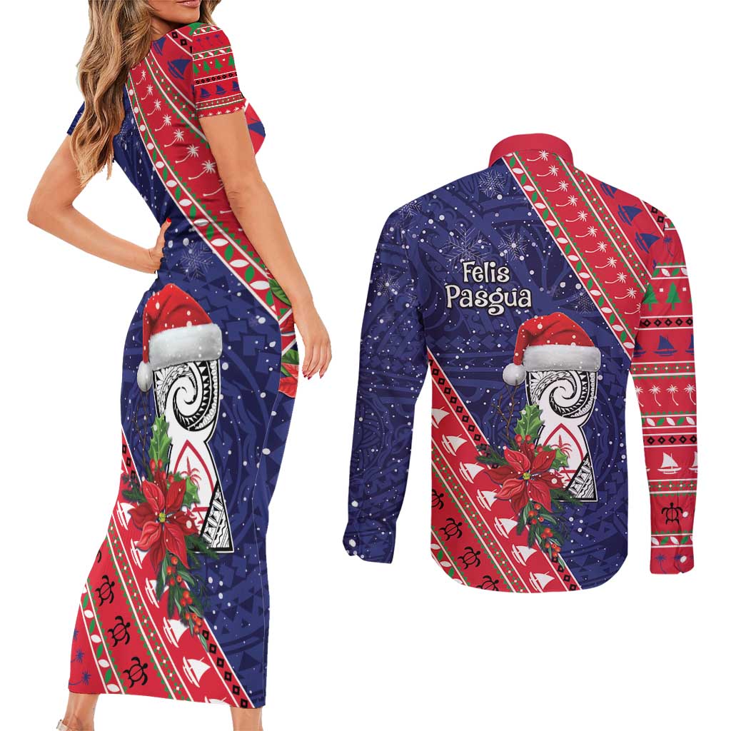 Guam Christmas Couples Matching Short Sleeve Bodycon Dress and Long Sleeve Button Shirt Felis Nabidat Guaman Seal With Poinsettia