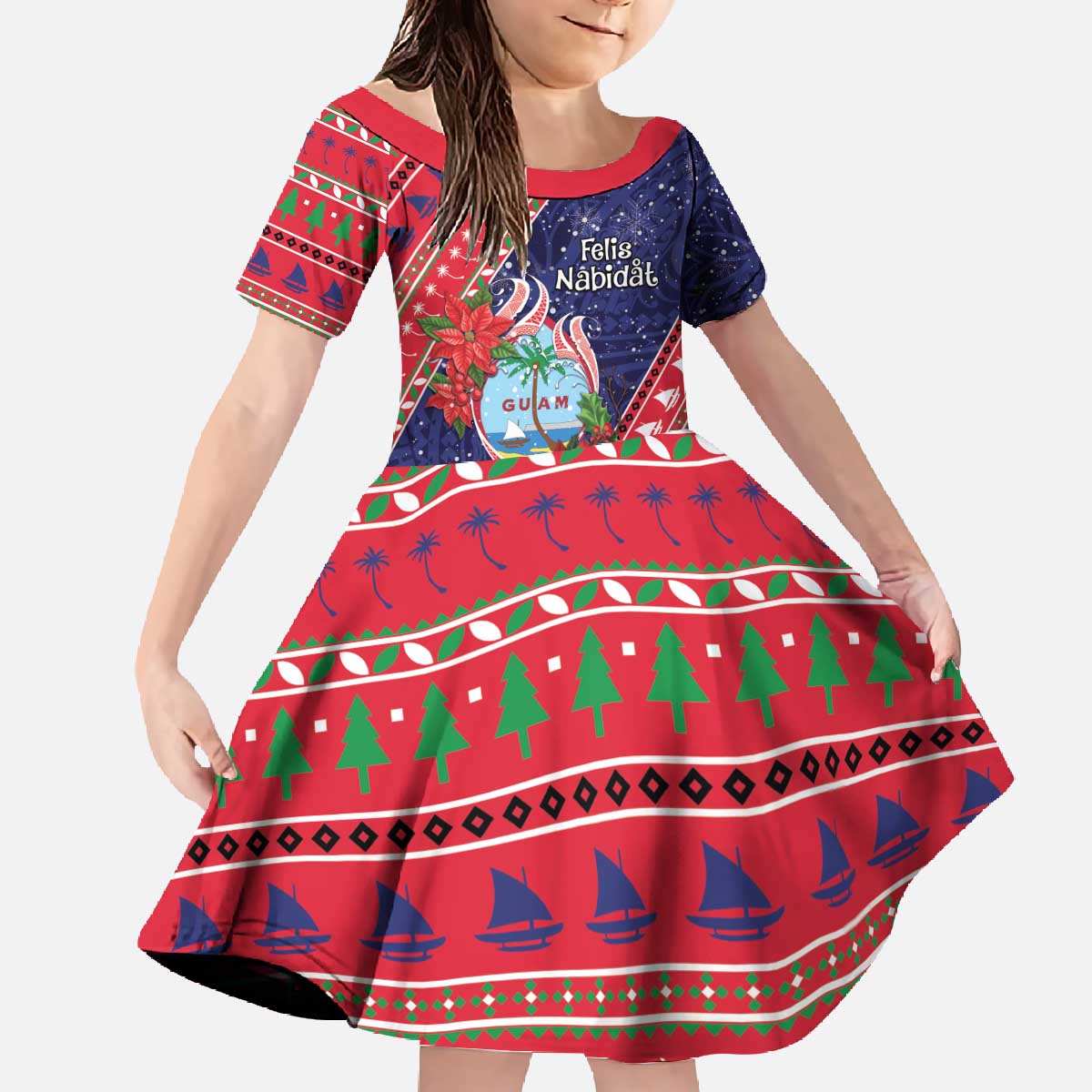 Guam Christmas Family Matching Off The Shoulder Long Sleeve Dress and Hawaiian Shirt Felis Nabidat Guaman Seal With Poinsettia LT05 Daughter's Dress Blue - Polynesian Pride