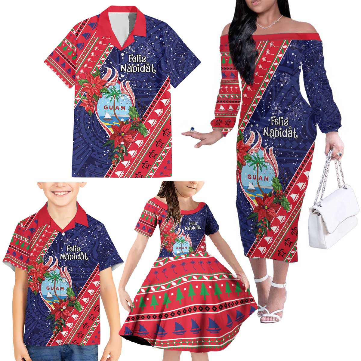 Guam Christmas Family Matching Off The Shoulder Long Sleeve Dress and Hawaiian Shirt Felis Nabidat Guaman Seal With Poinsettia LT05 - Polynesian Pride
