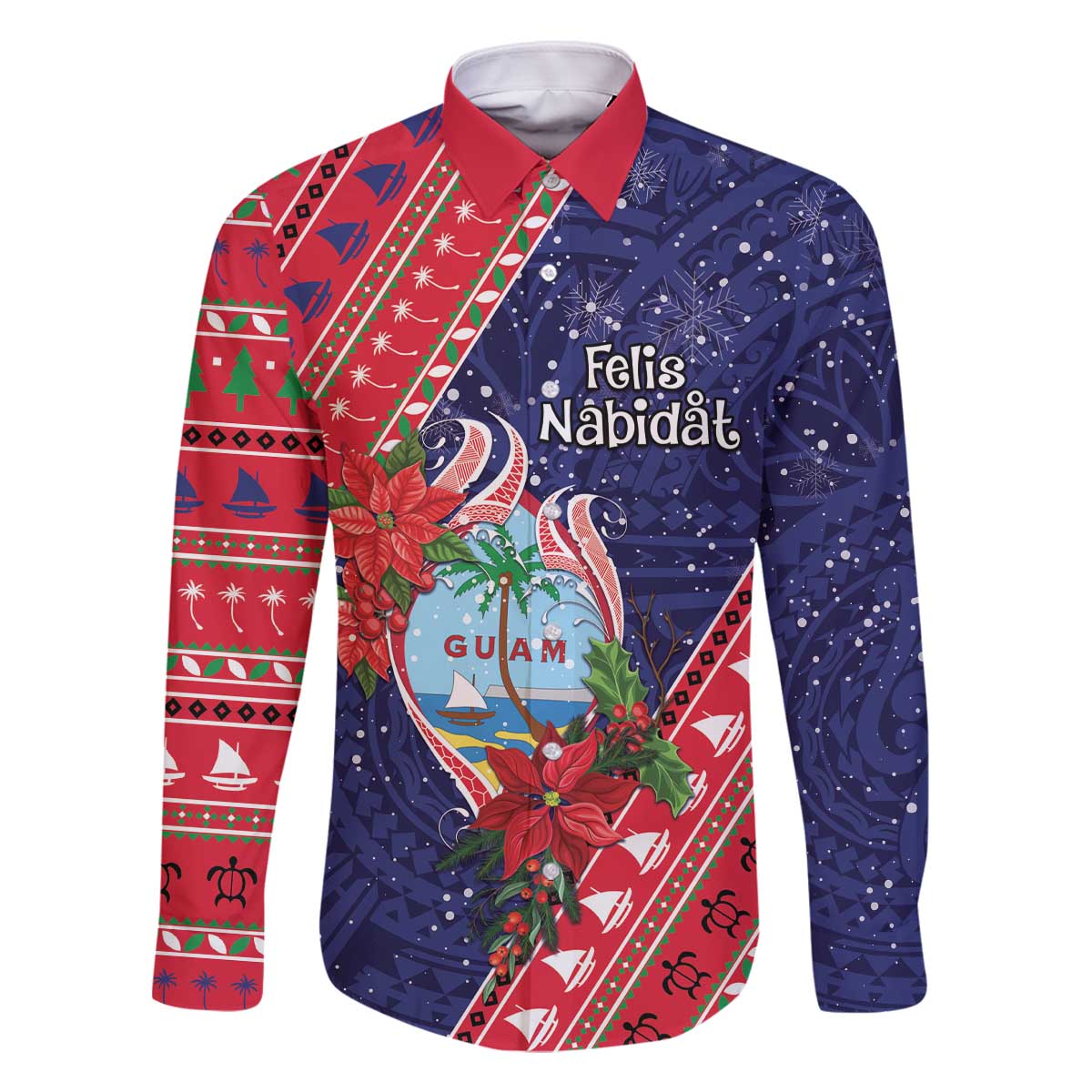 Guam Christmas Family Matching Off The Shoulder Long Sleeve Dress and Hawaiian Shirt Felis Nabidat Guaman Seal With Poinsettia LT05 Dad's Shirt - Long Sleeve Blue - Polynesian Pride