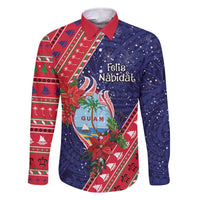 Guam Christmas Family Matching Off The Shoulder Long Sleeve Dress and Hawaiian Shirt Felis Nabidat Guaman Seal With Poinsettia LT05 Dad's Shirt - Long Sleeve Blue - Polynesian Pride