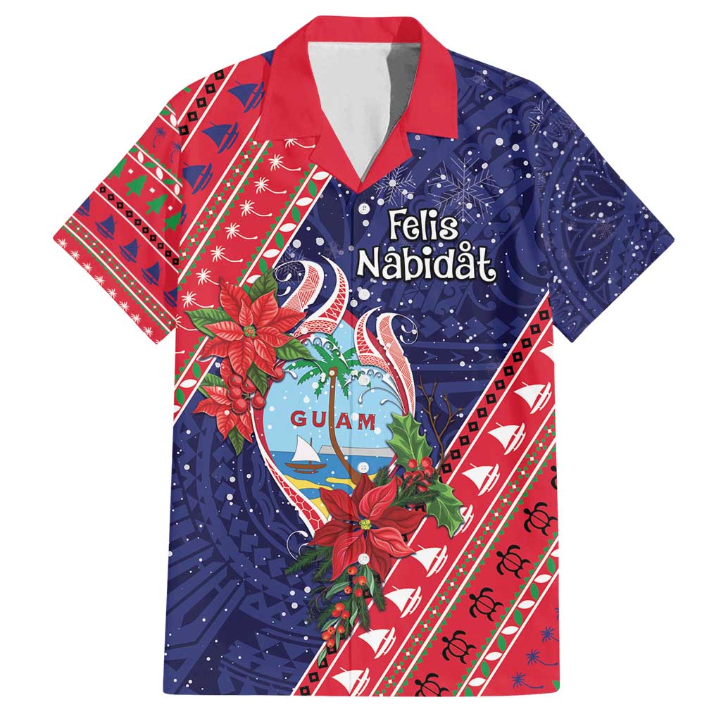 Guam Christmas Family Matching Puletasi and Hawaiian Shirt Felis Nabidat Guaman Seal With Poinsettia LT05 Dad's Shirt - Short Sleeve Blue - Polynesian Pride
