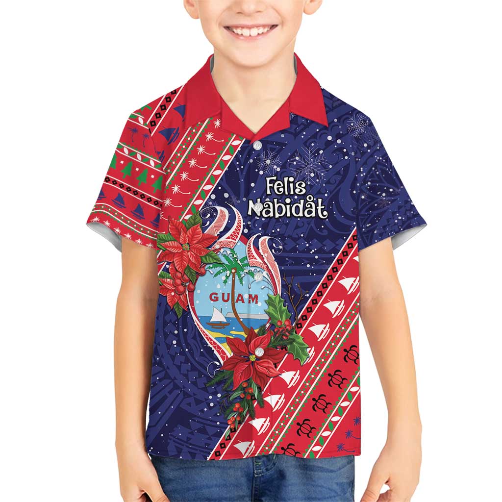 Guam Christmas Family Matching Puletasi and Hawaiian Shirt Felis Nabidat Guaman Seal With Poinsettia LT05 Son's Shirt Blue - Polynesian Pride