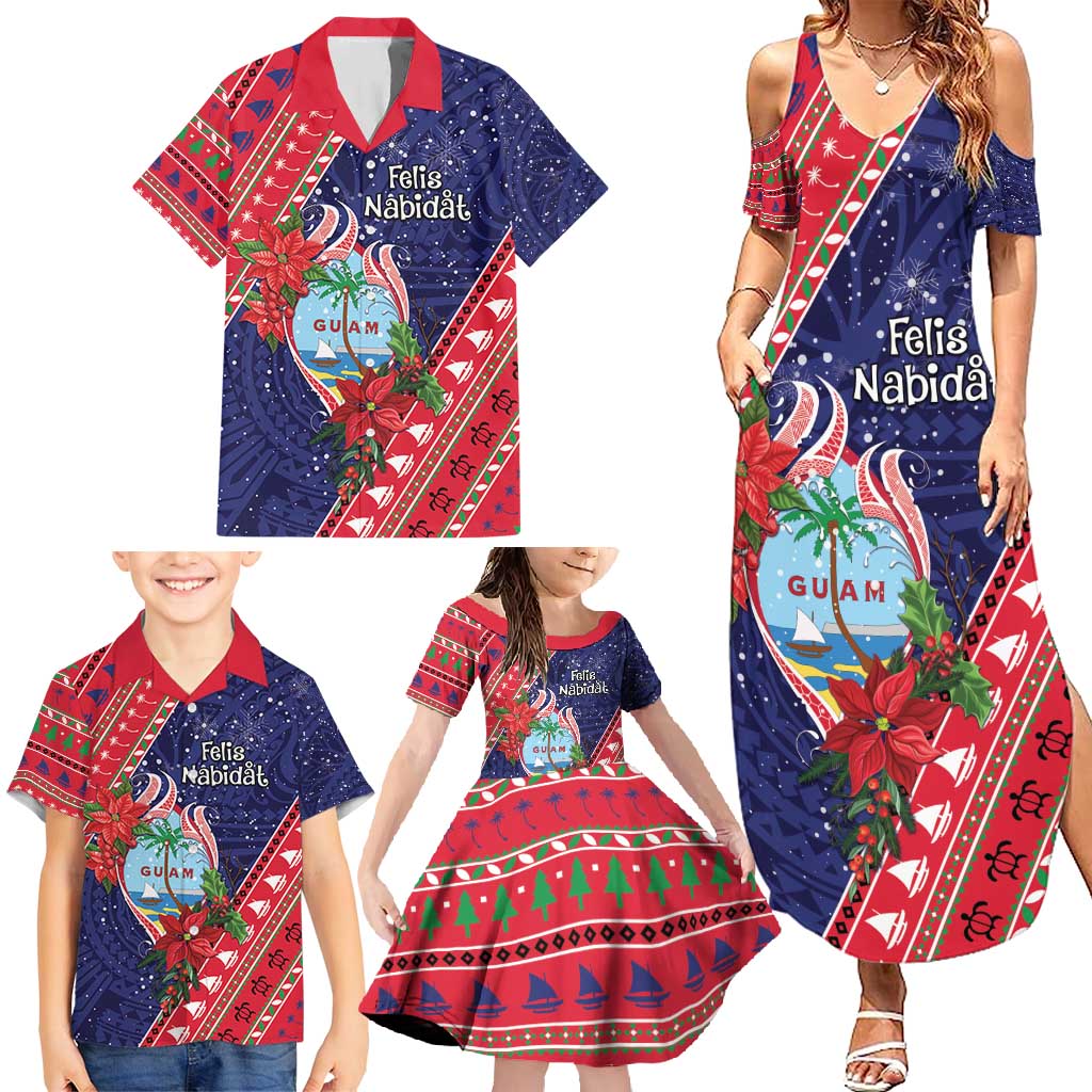 Guam Christmas Family Matching Summer Maxi Dress and Hawaiian Shirt Felis Nabidat Guaman Seal With Poinsettia