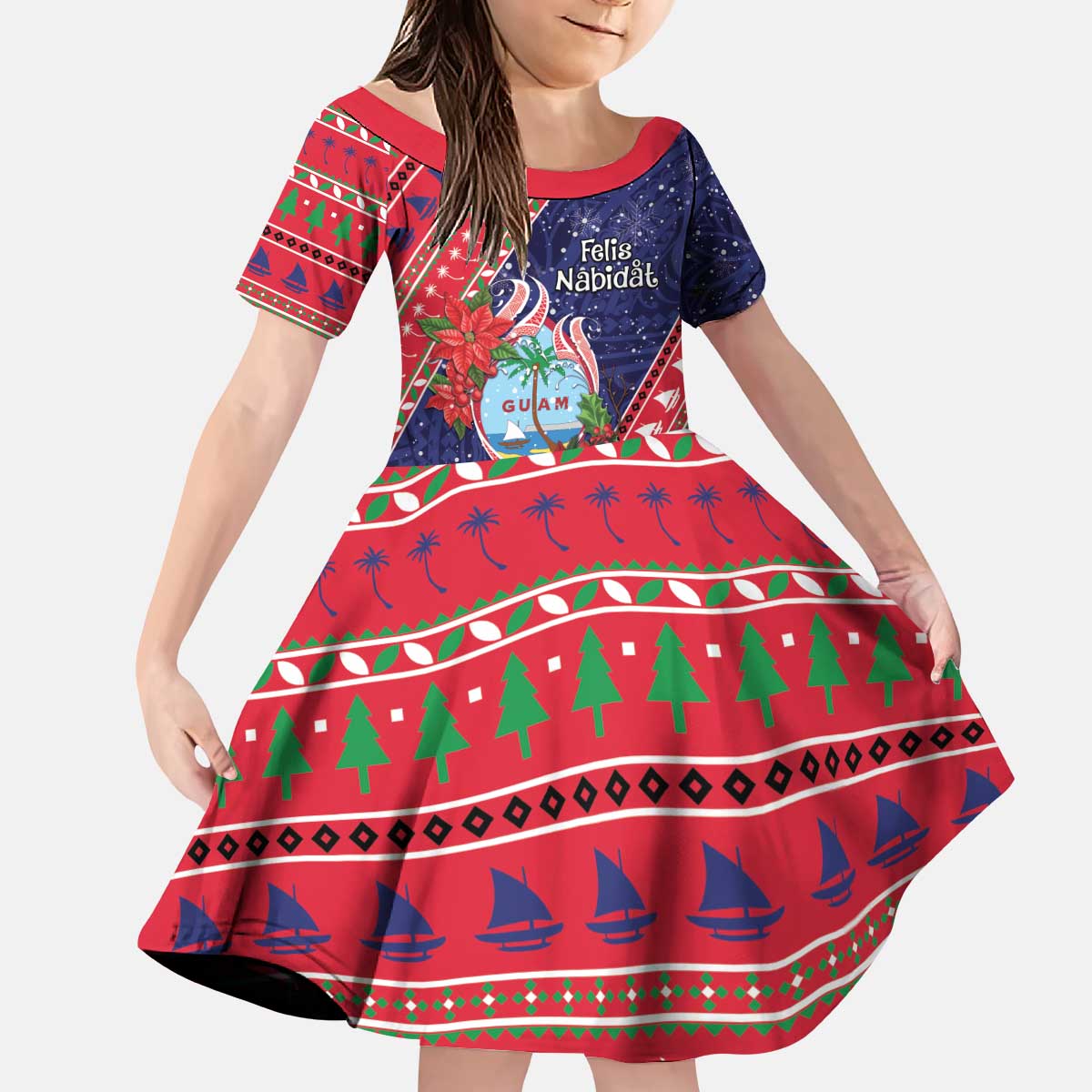 Guam Christmas Kid Short Sleeve Dress Felis Nabidat Guaman Seal With Poinsettia