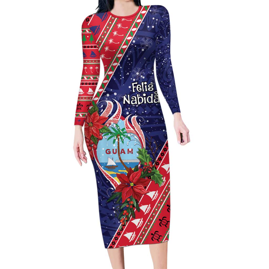 Guam Christmas Long Sleeve Bodycon Dress Felis Nabidat Guaman Seal With Poinsettia LT05 Long Dress Blue - Polynesian Pride