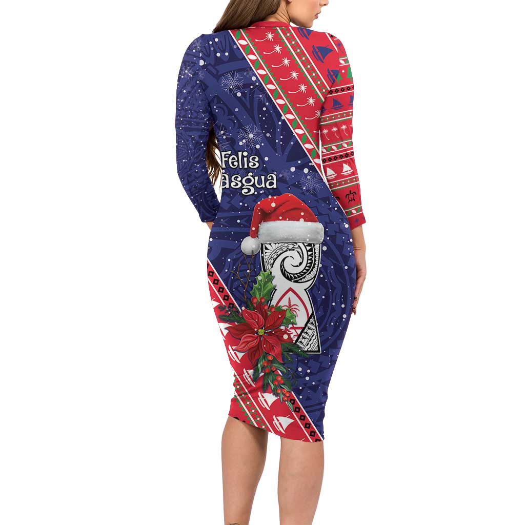 Guam Christmas Long Sleeve Bodycon Dress Felis Nabidat Guaman Seal With Poinsettia LT05 - Polynesian Pride