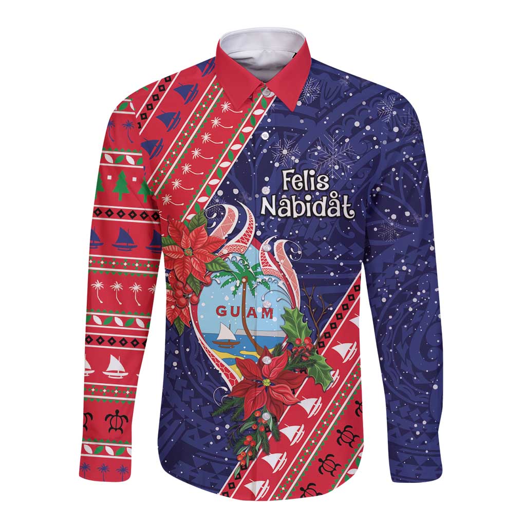 Guam Christmas Long Sleeve Button Shirt Felis Nabidat Guaman Seal With Poinsettia