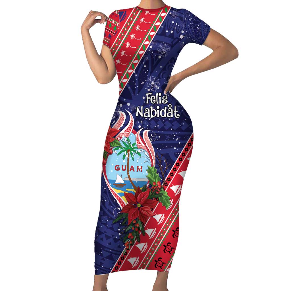 Guam Christmas Short Sleeve Bodycon Dress Felis Nabidat Guaman Seal With Poinsettia