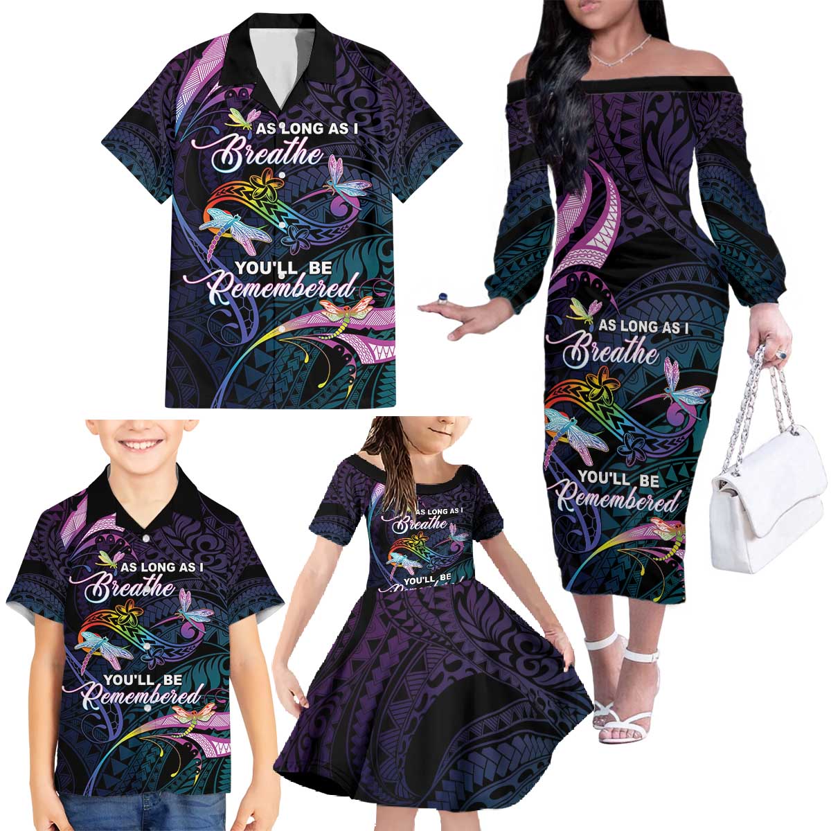 Personalised Polynesia Memorial Family Matching Off The Shoulder Long Sleeve Dress and Hawaiian Shirt Always Remembered Dragonfly Polynesian Style LT05 - Polynesian Pride