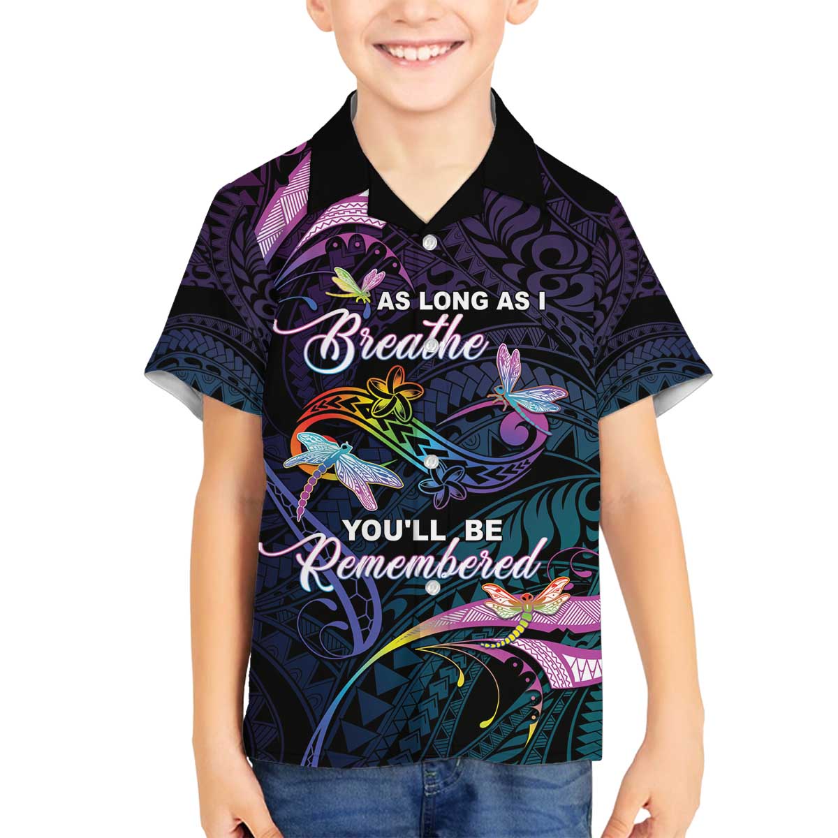 Personalised Polynesia Memorial Family Matching Off The Shoulder Long Sleeve Dress and Hawaiian Shirt Always Remembered Dragonfly Polynesian Style LT05 Son's Shirt Colorful - Polynesian Pride