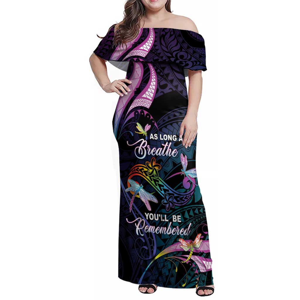 Personalised Polynesia Memorial Family Matching Off Shoulder Maxi Dress and Hawaiian Shirt Always Remembered Dragonfly Polynesian Style